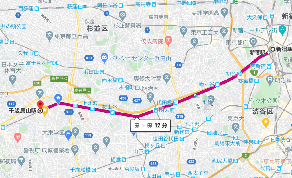 京王線　新宿駅～千歳烏山駅　路線図