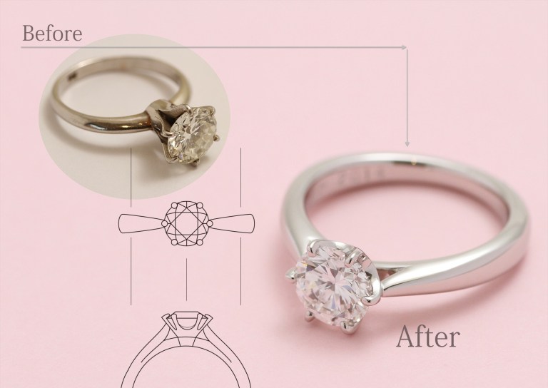 写真：継承されたダイヤモンドを使った婚約指輪のリフォーム。ビフォアー&アフターの画像。