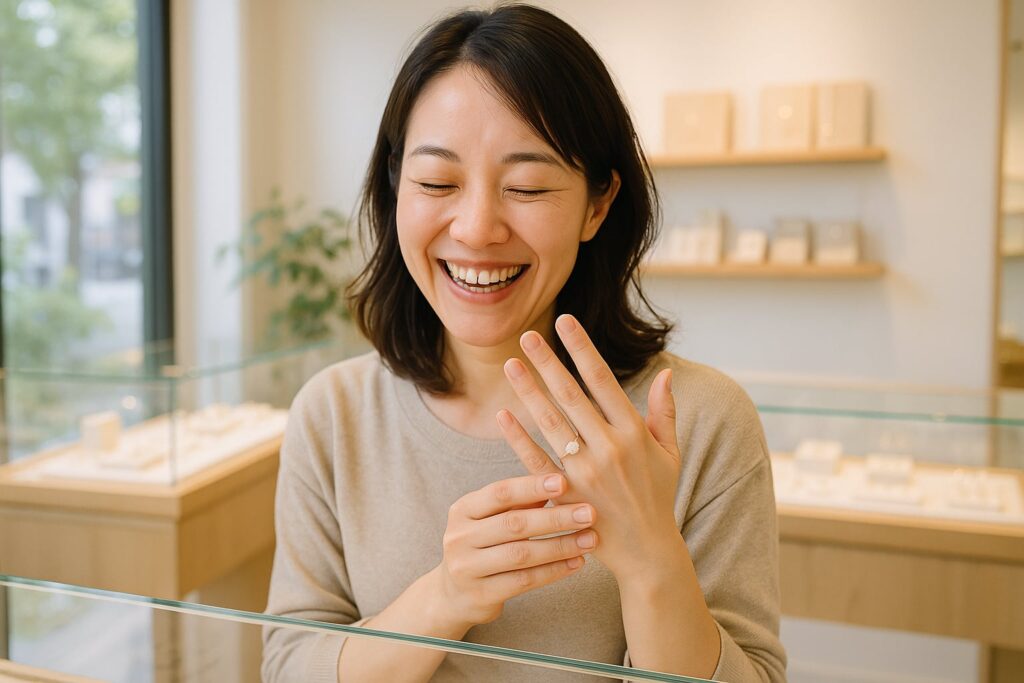 リフォームしたことによりオンリーワンの指輪をゲットし、心の底から喜びを噛みしめている30代日本女性。