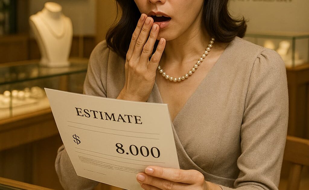ジュエリーリフォームの見積もりを見て驚いている30代女性。