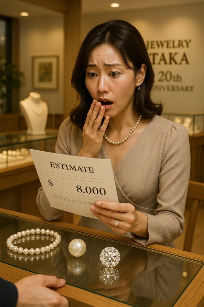 ジュエリーリフォームの見積もりを見て驚いている30代女性。