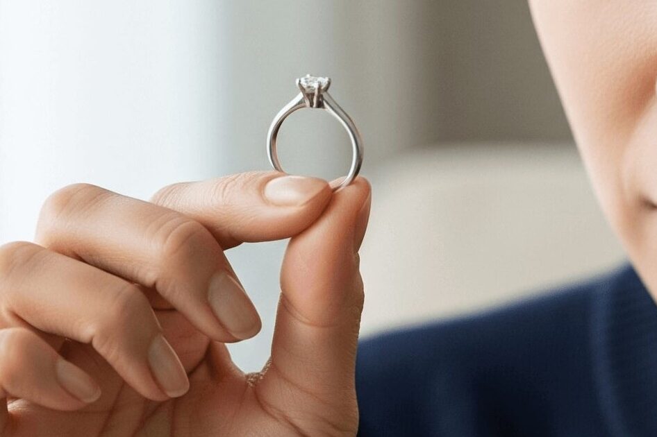 日本人女性30代~50代が婚約指輪を手に持ちどうしようか悩んでいる姿