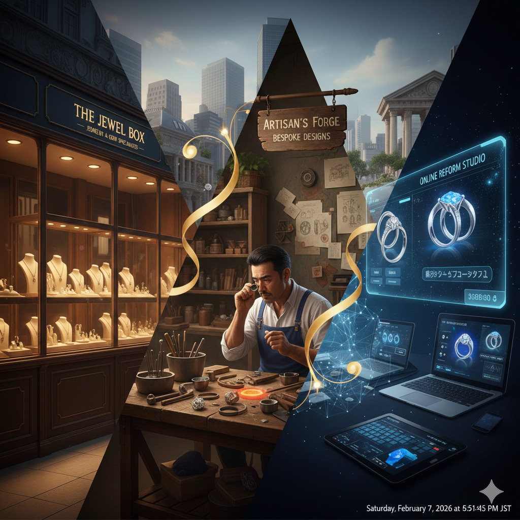 3つのタイプ「 ジュエリー専門店・宝石店」、「工房・職人、デザイナー直営の工房店舗」、「ネット対応のリフォームサービス」の合体したイメージ画像