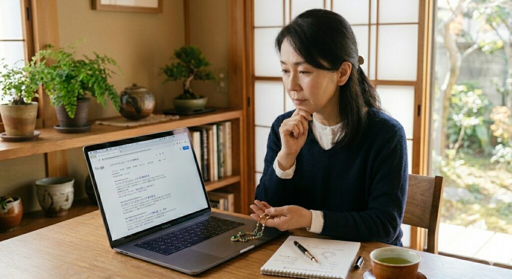 エメラルドの古いジュエリーをリメイクしたいので、手にエメラルドのジュエリーを持ちながらどこの店に頼もうかと自宅でパソコン検索している40代の清楚な日本人女性