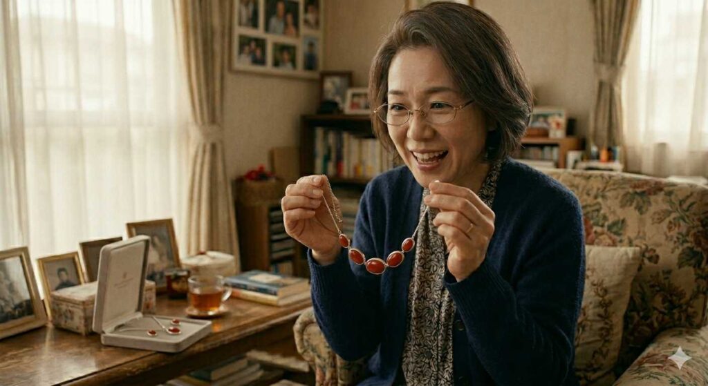 珊瑚の古いジュエリーが新しいシンプルデザインで生まれ変わったジュエリーを見て、自宅リビングで目を輝かせている様子の40代日本人女性