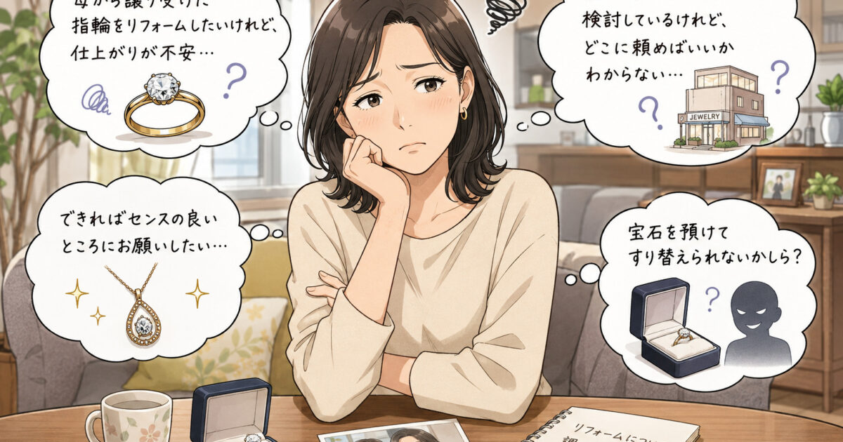A worried woman sits at a table, thinking about jewelry options: a ring, a pendant necklace, and storing or gifting them, with thought bubbles around her.