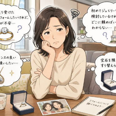 A worried woman sits at a table, thinking about jewelry options: a ring, a pendant necklace, and storing or gifting them, with thought bubbles around her.
