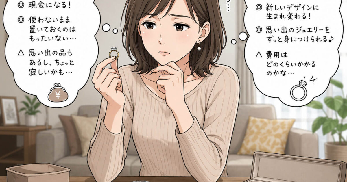 A manga-style image of a 35-year-old Japanese woman in her living room, holding a ring and deliberating over whether to sell her unwanted jewelry or trade it in for redesigning.