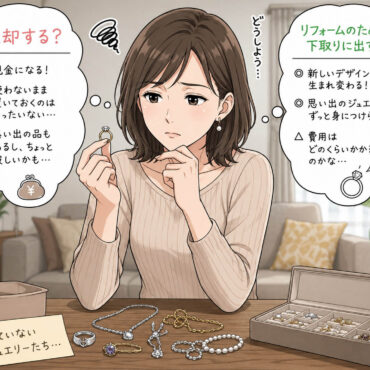 A manga-style image of a 35-year-old Japanese woman in her living room, holding a ring and deliberating over whether to sell her unwanted jewelry or trade it in for redesigning.