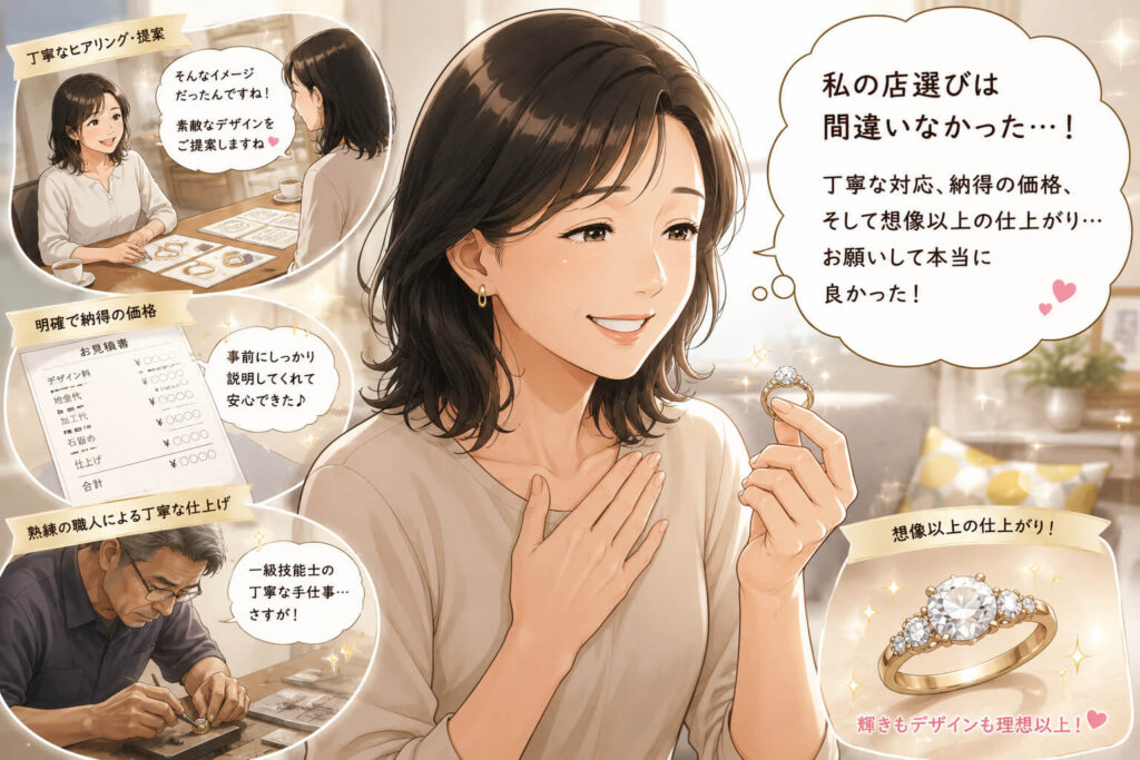 女性が指輪を手に取り微笑み、ジュエリーショップで理想のデザインを想像しているシーン。複数の小さな吹き出しパネルで製作過程を紹介している広告ビジュアル。
