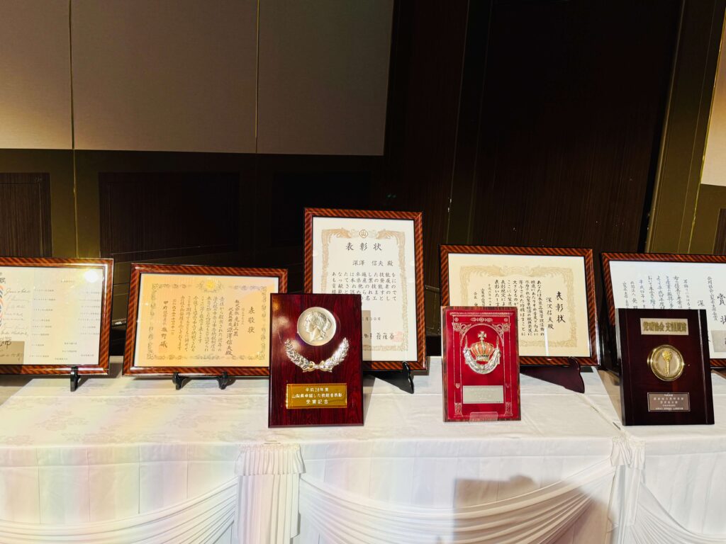 Display of framed certificates and awards lined up on a table against dark wooden panels in a formal setting.